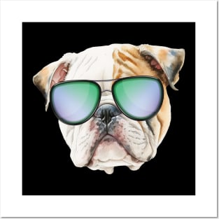 Cute english bulldog with sunglasses, Funny puppy Posters and Art